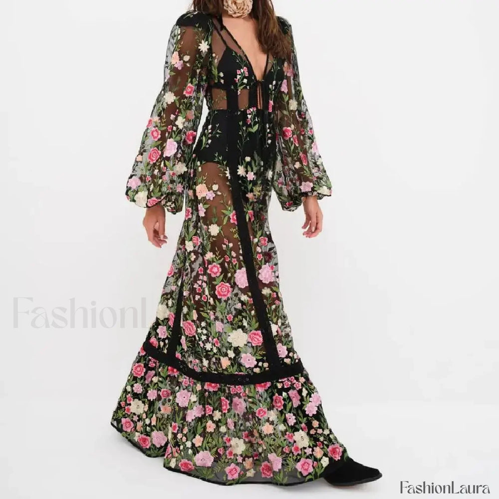 Floral Embroidery Mesh Beach Cover Up