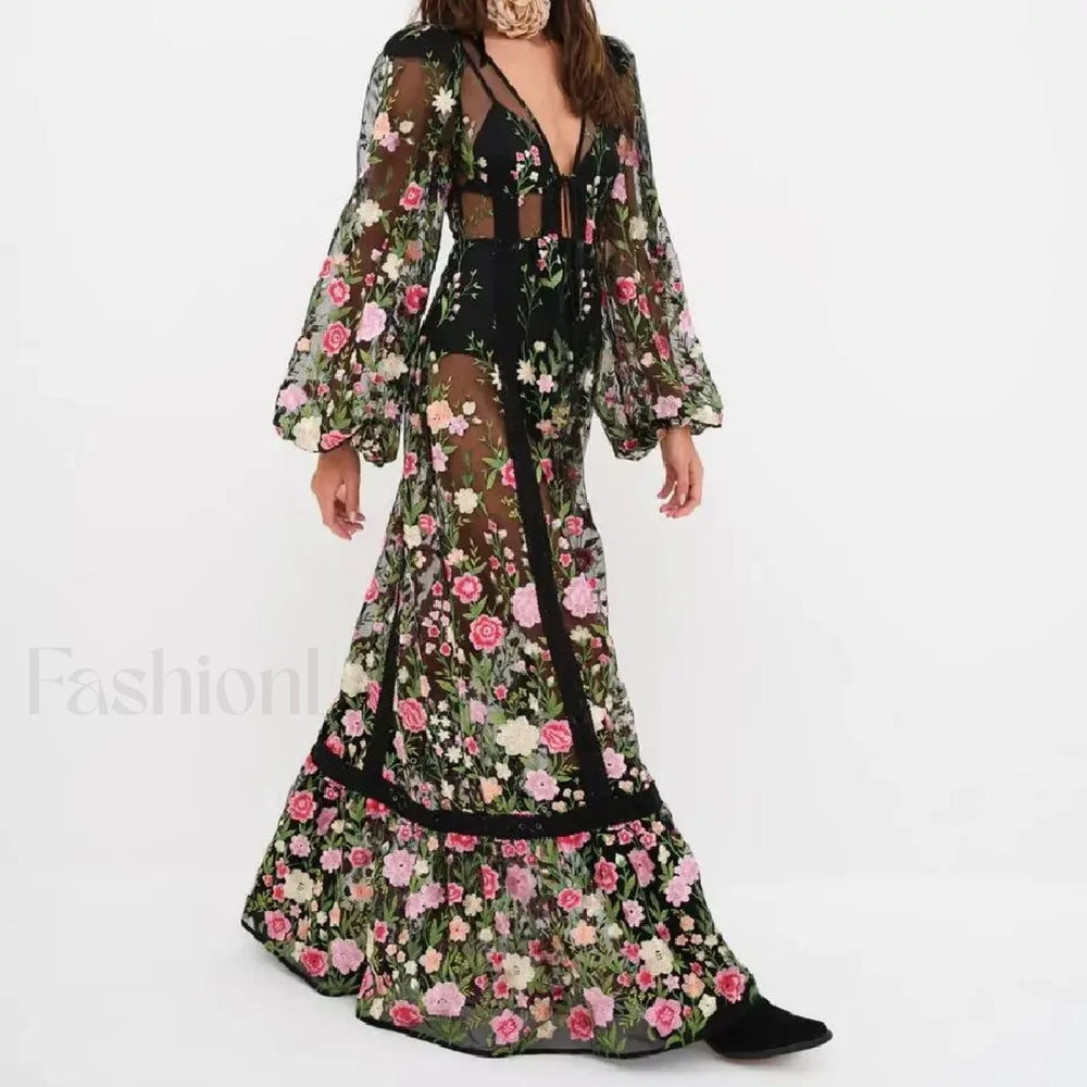 Floral Embroidery Mesh Beach Cover Up