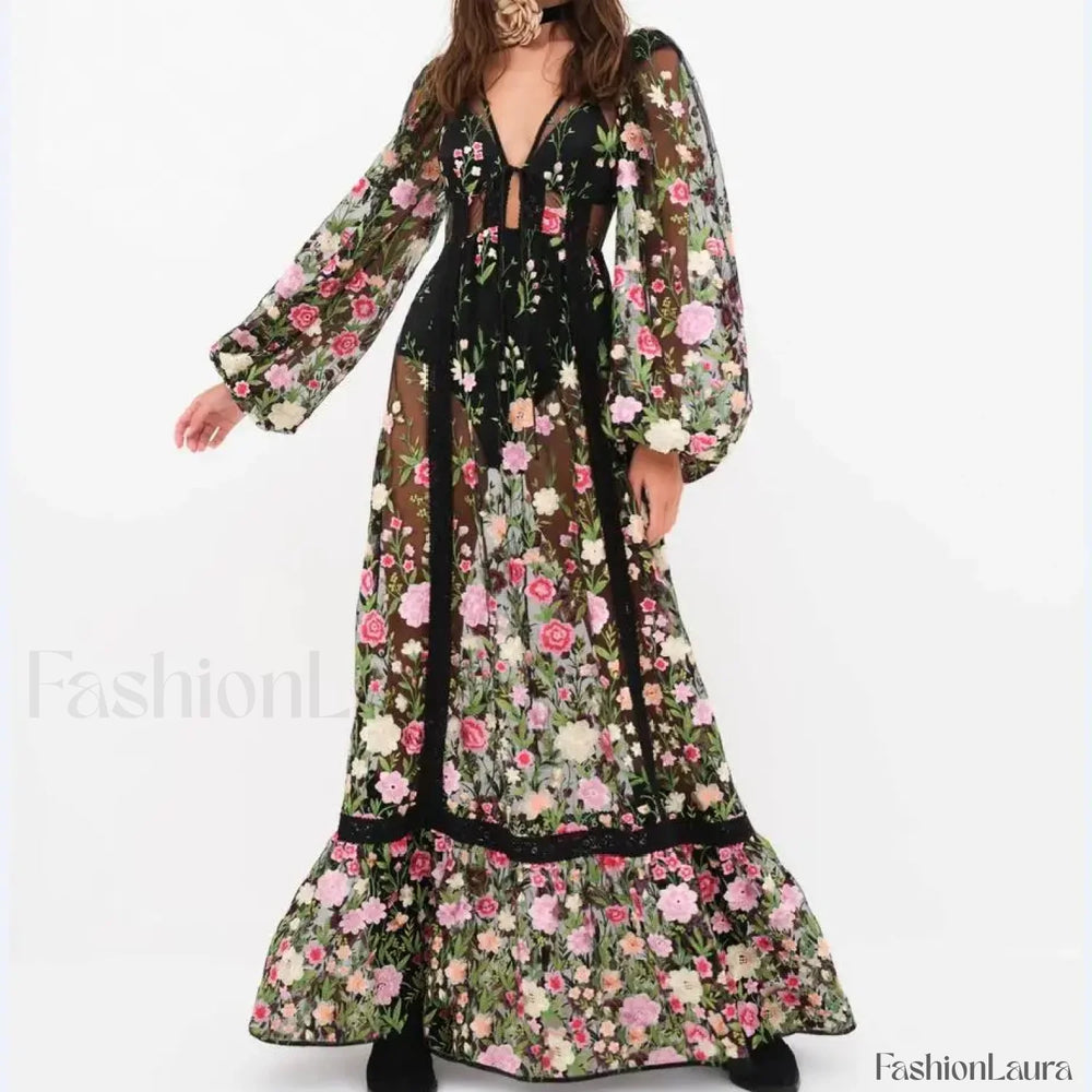 Floral Embroidery Mesh Beach Cover Up BLACK / S