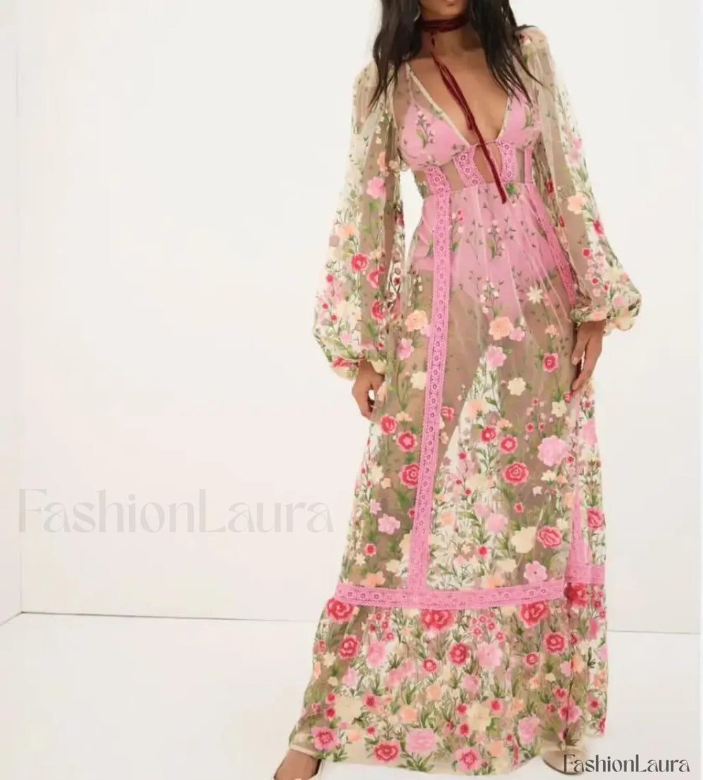 Floral Embroidery Mesh Beach Cover Up PINK / S