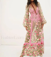 Floral Embroidery Mesh Beach Cover Up PINK / S