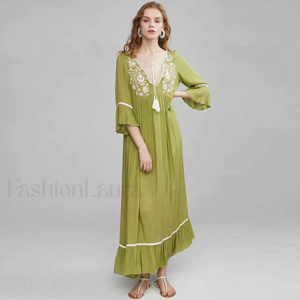 Floral Flare Sleeve Boho Dress Green / S