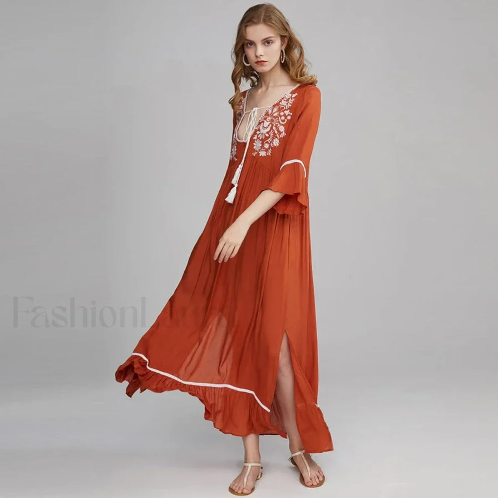 Floral Flare Sleeve Boho Dress Orange / S