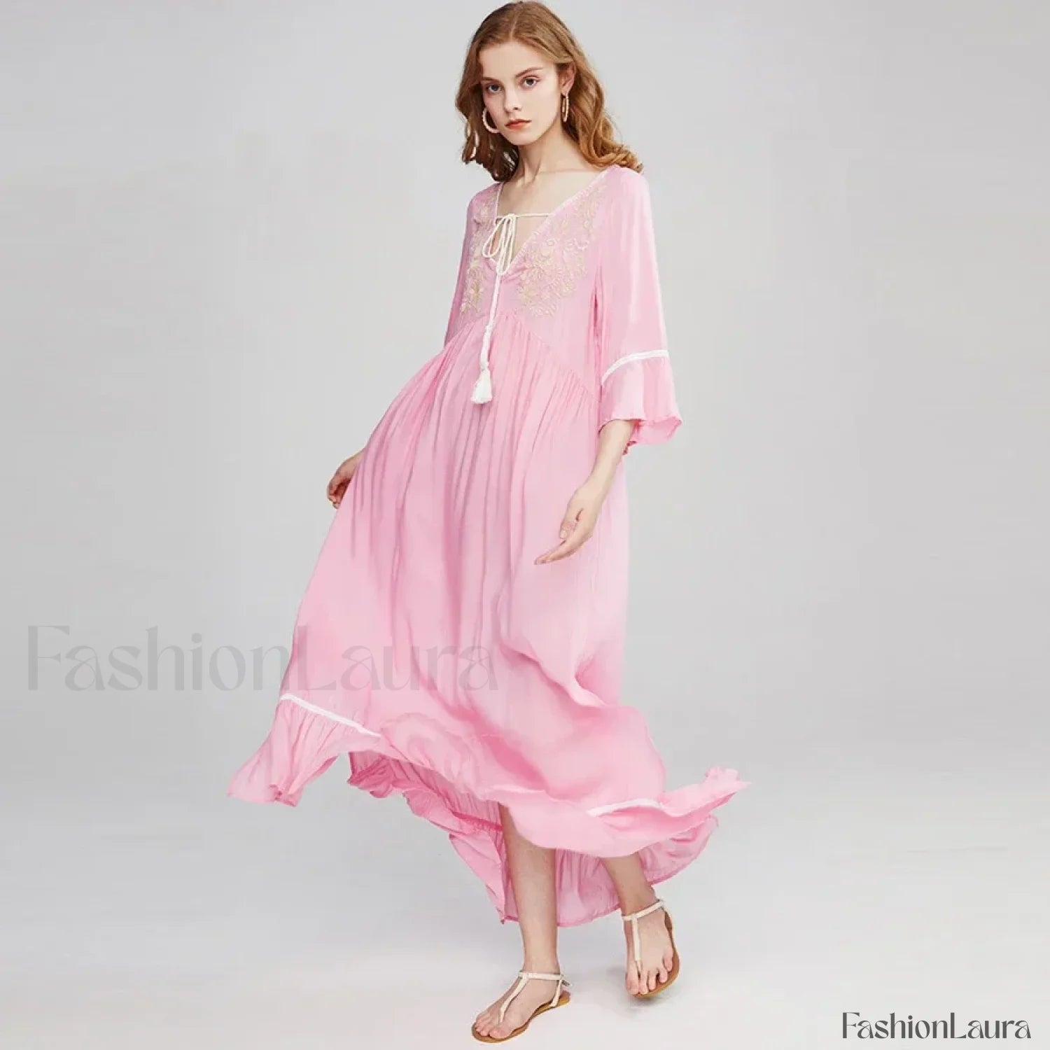 Floral Flare Sleeve Boho Dress Pink / S