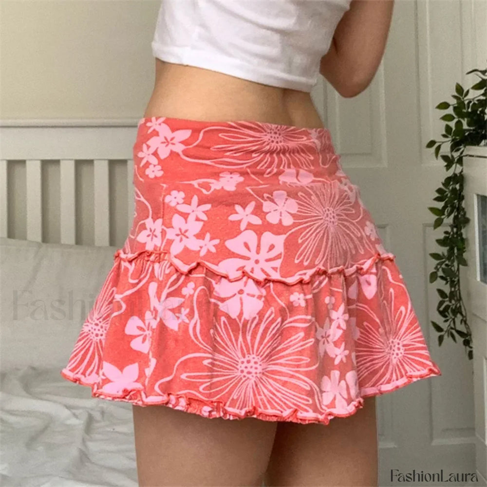 Floral Frill Trim A Line Skirt Pink / S