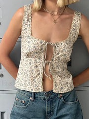 Floral Front Tie Slim Crop Top BEIGE / S