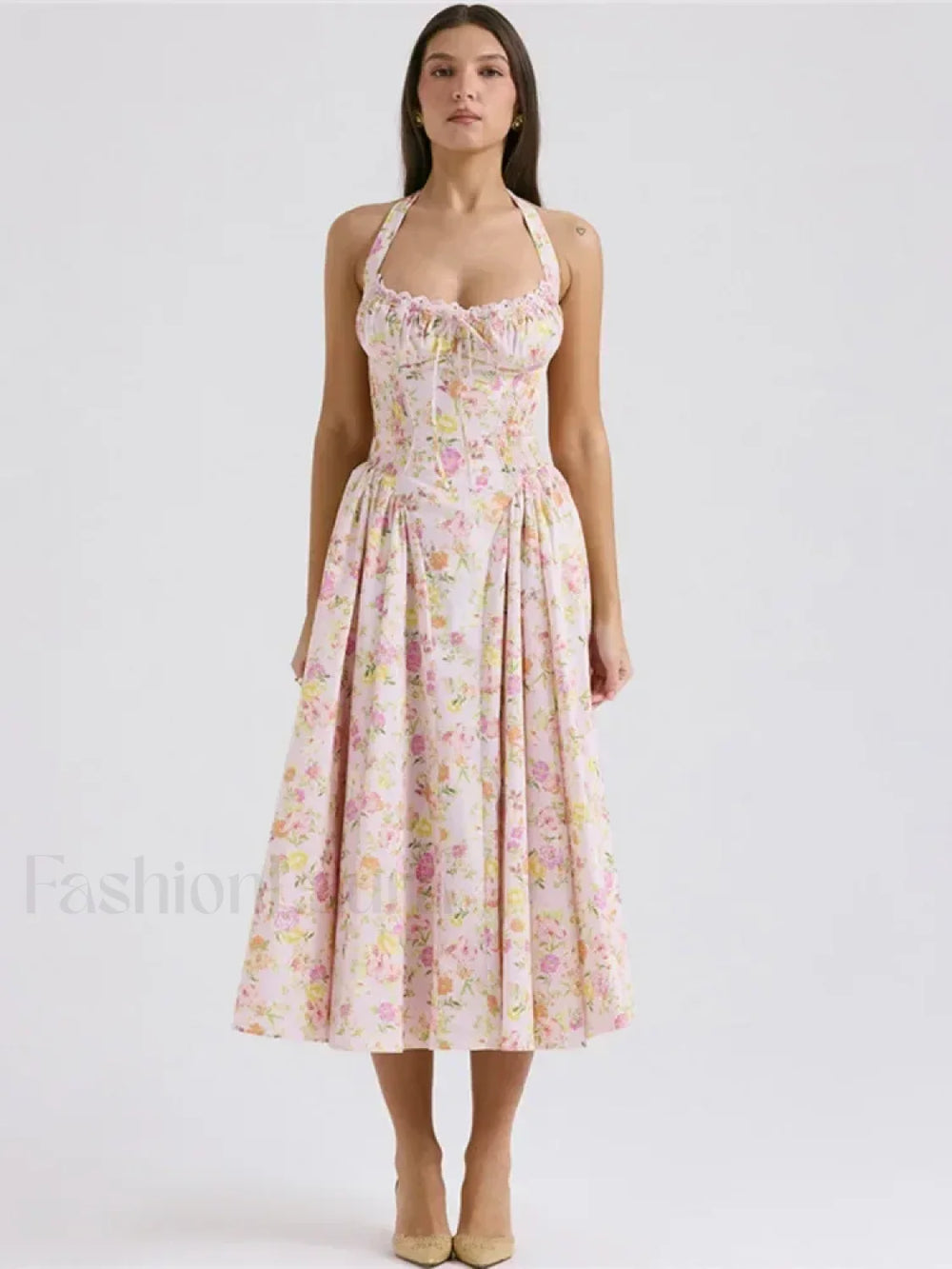Floral Halter Backless Midi Dress