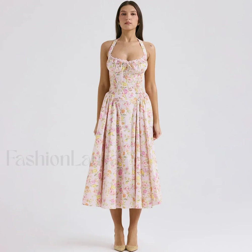 Floral Halter Backless Midi Dress pink / S