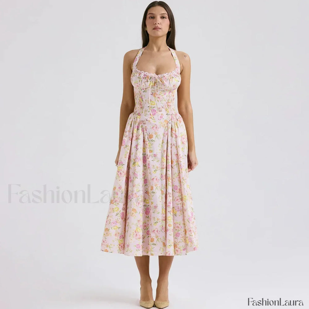 Floral Halter Backless Midi Dress pink / S
