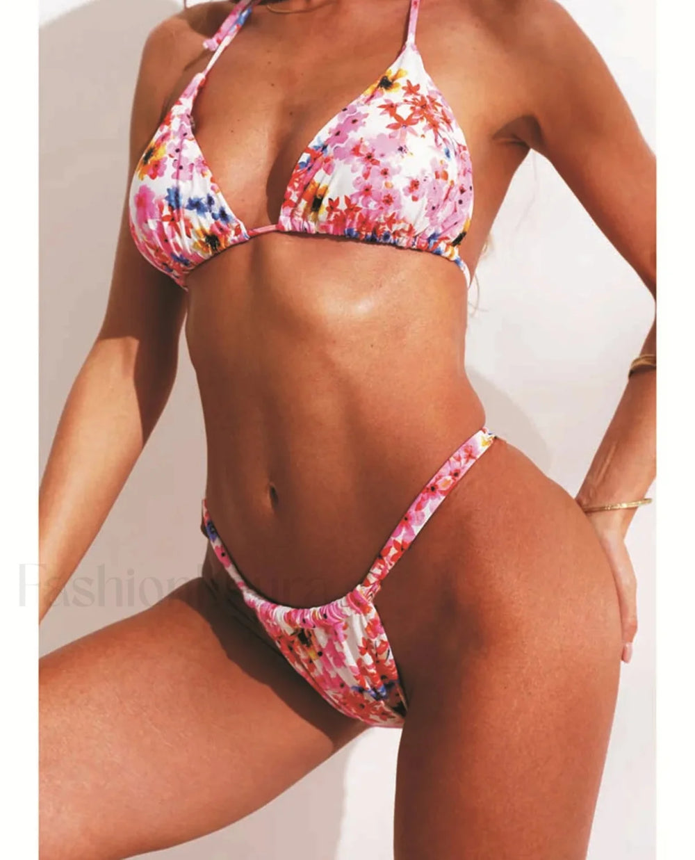 Floral High Cut Brazilian Bikini Set Rose Red / XS