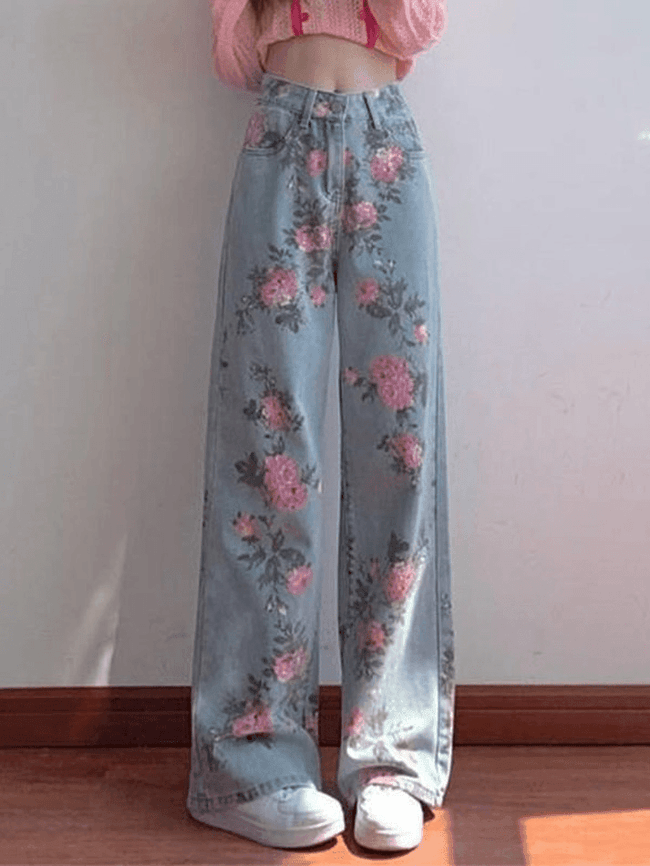 Floral High Rise Boyfriend Jeans Blue / S Jeans Main image