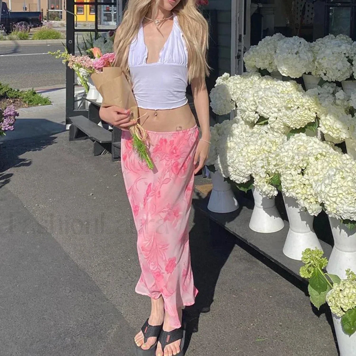 Floral Hip Slim Midi Skirt Pink / S Main image