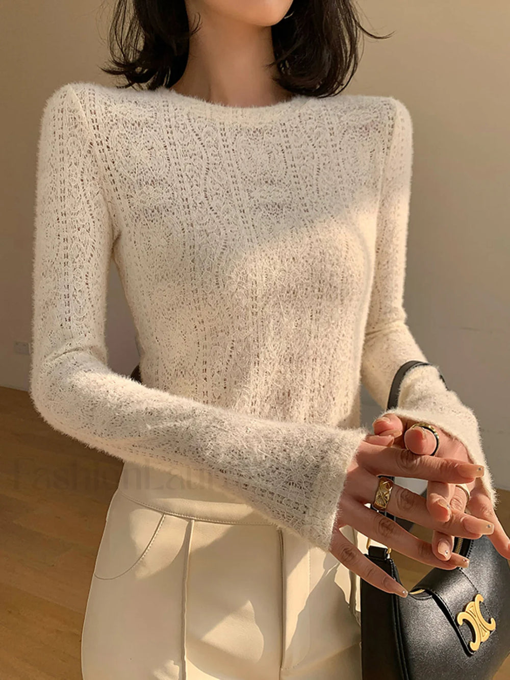 Floral Hollow Knit Crew Neck Long Sleeve Top Apricot / XS T Shirts