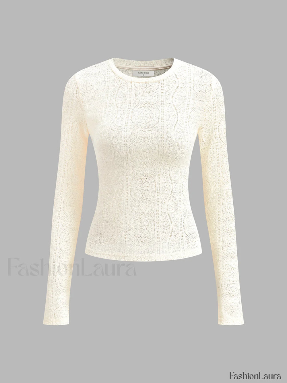 Floral Hollow Knit Crew Neck Long Sleeve Top T Shirts