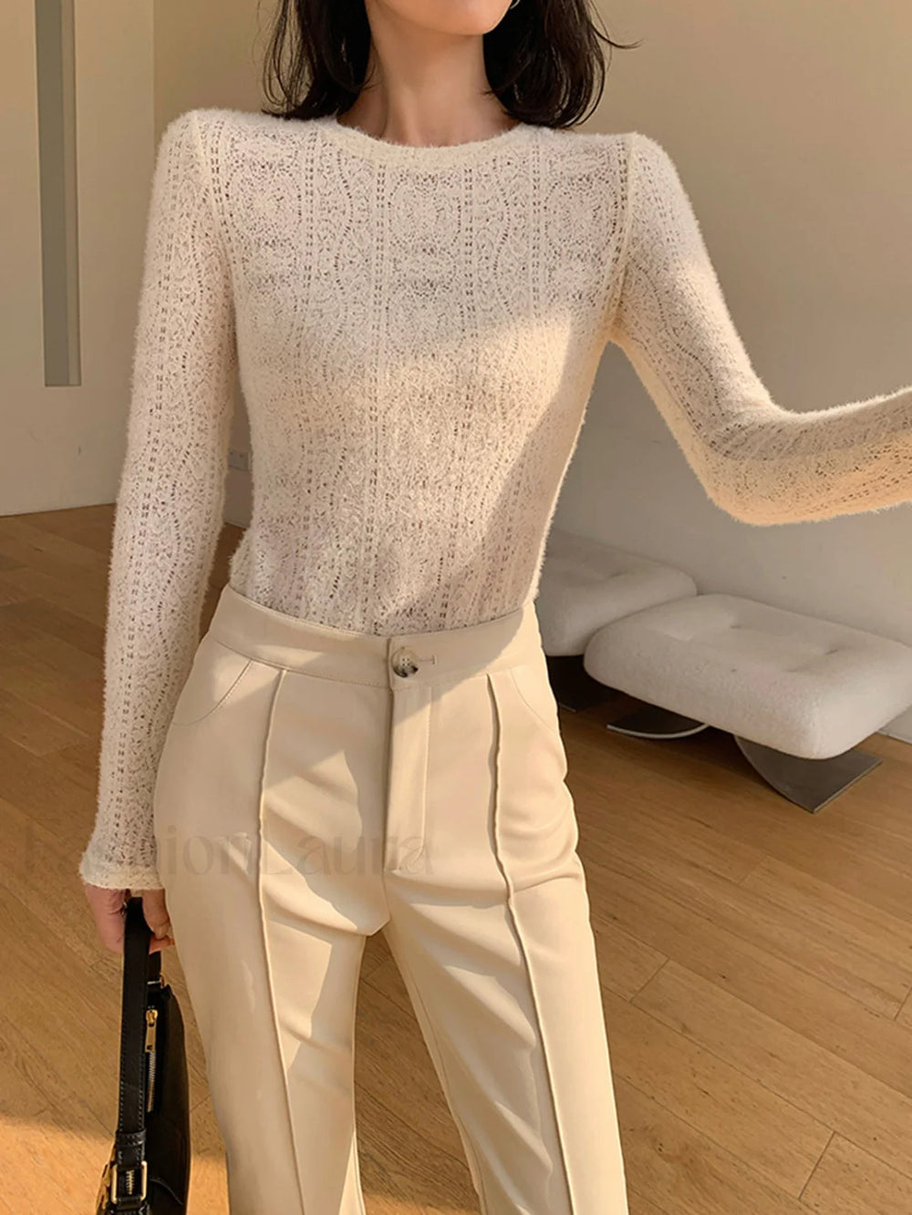 Floral Hollow Knit Crew Neck Long Sleeve Top T Shirts