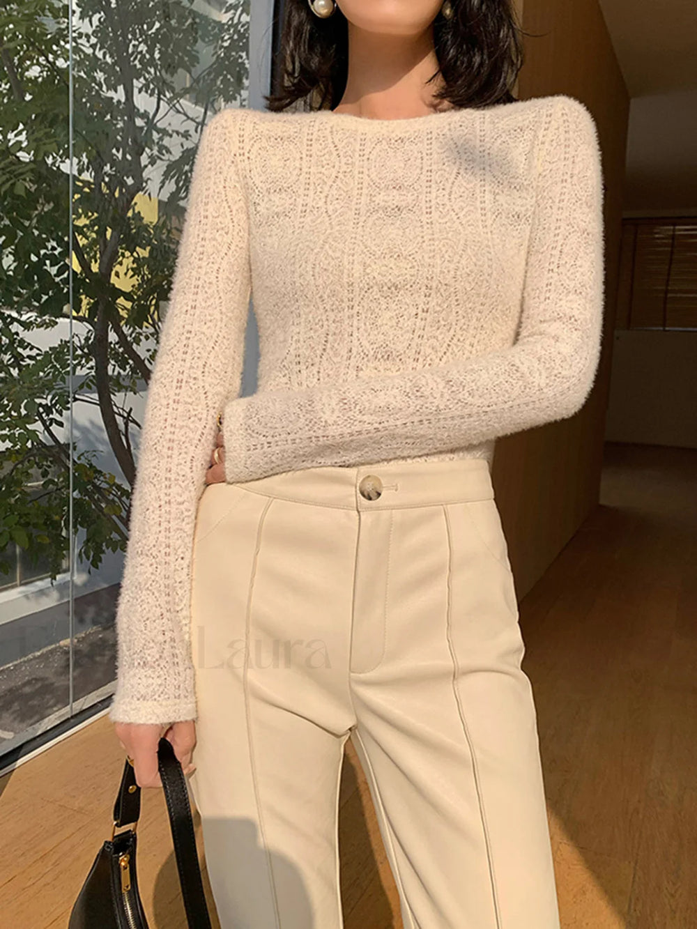 Floral Hollow Knit Crew Neck Long Sleeve Top T Shirts