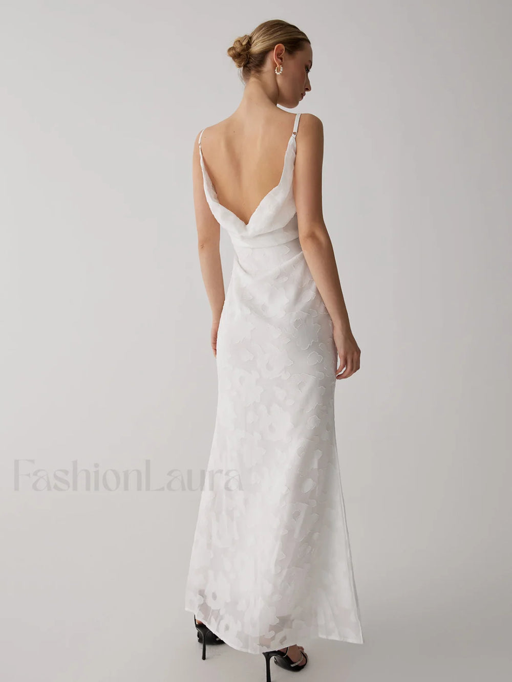 Floral Jacquard Open Trendy Back Long Dress White / XS Dresses