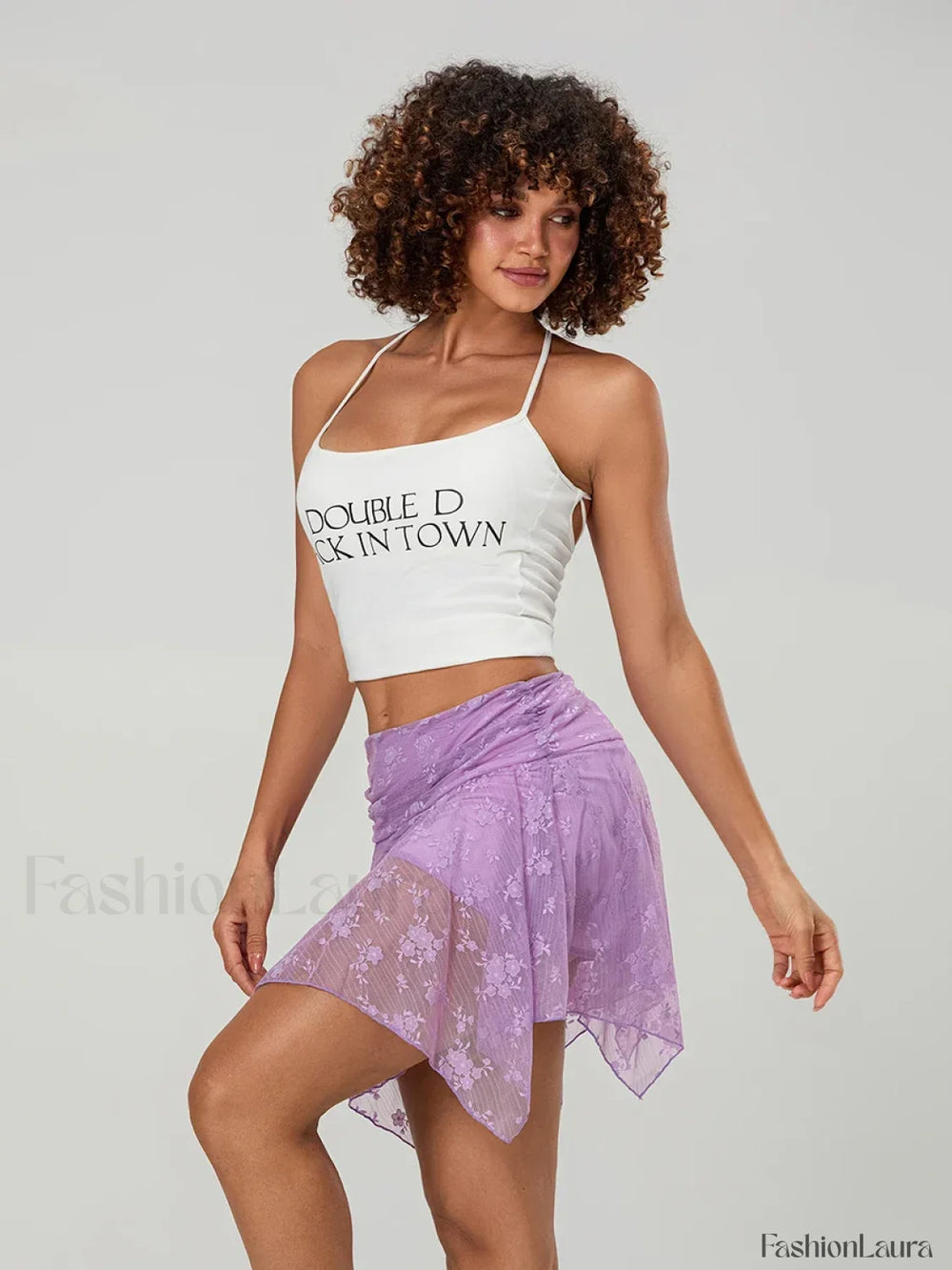Floral Lace Asymmetric Mini Skirt PURPLE / S