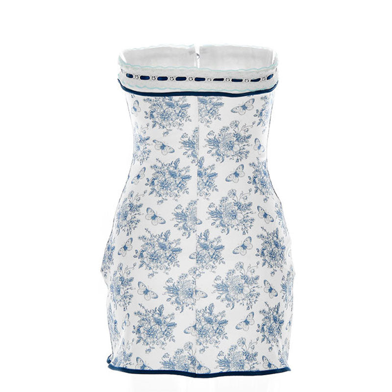 Floral Lace Trim Tie Front Strapless Mini Dress Blue Strapless Dresses