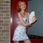 Floral Lace Trim Tie Front Strapless Mini Dress Blue M / Blue Strapless Dresses