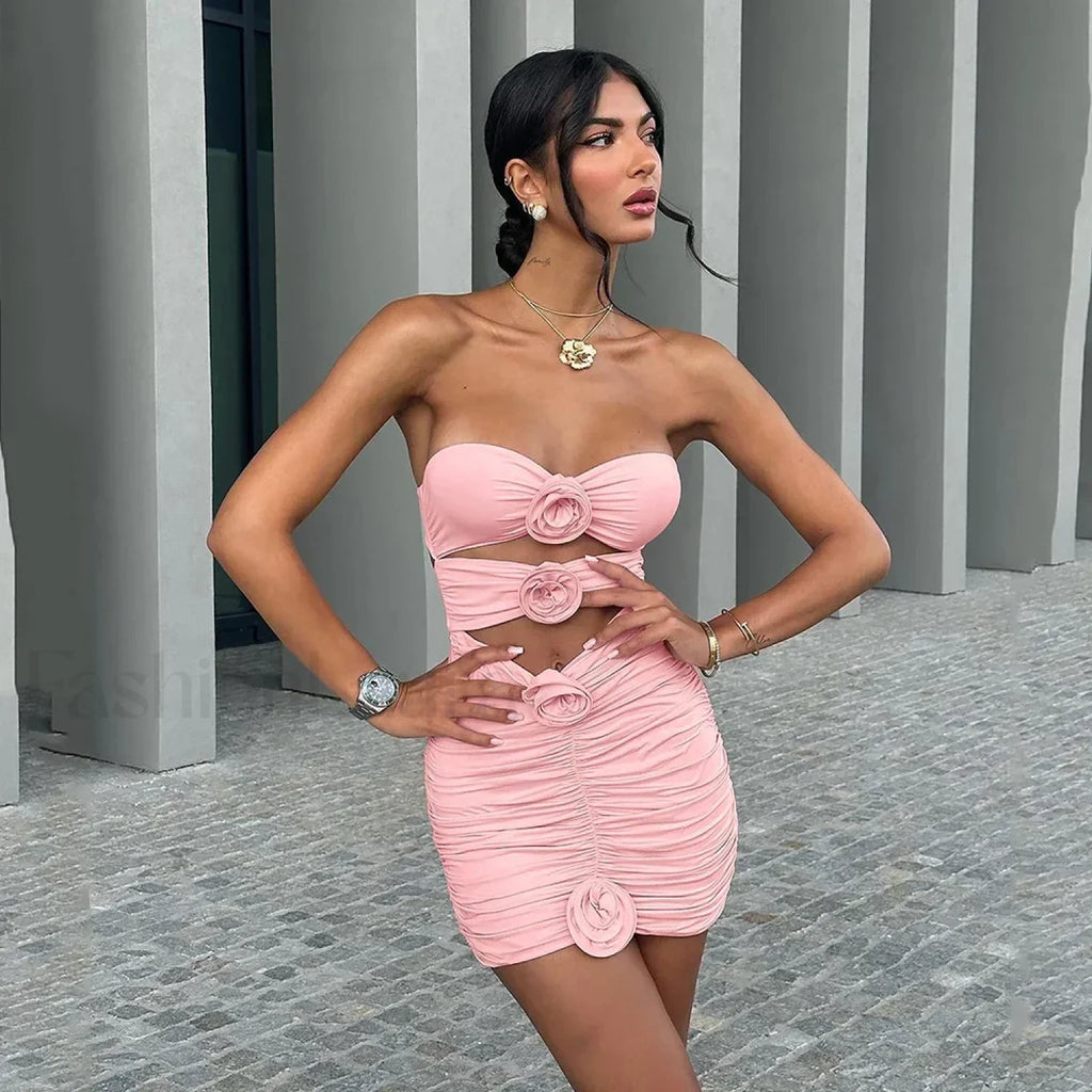 Floral Lace Up Push Up Bra One Piece pink / S