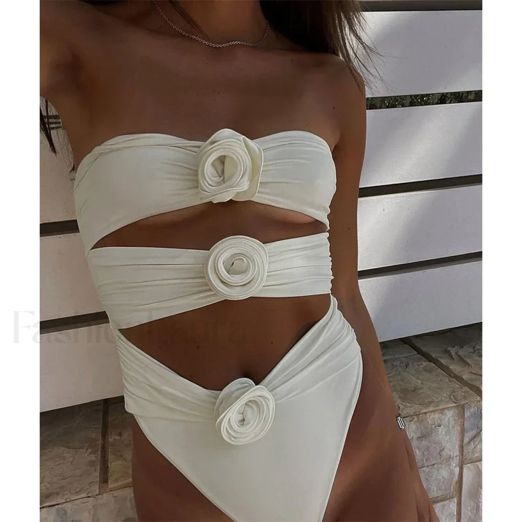 Floral Lace Up Push Up Bra One Piece white1 / S