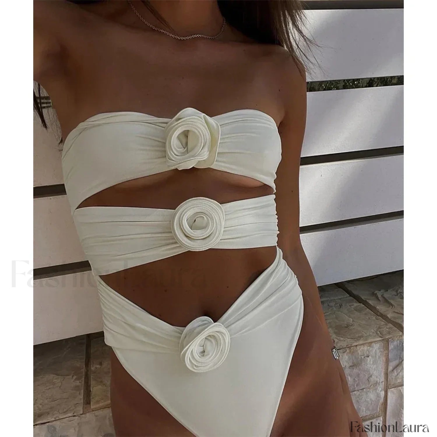 Floral Lace Up Push Up Bra One Piece white1 / S