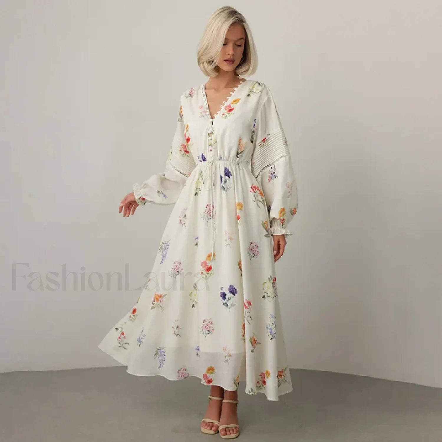 Floral Lantern Sleeve Boho Dress White / S Main image