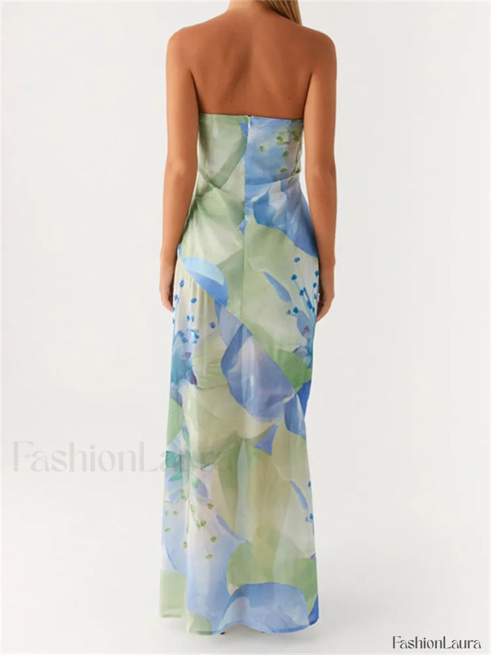Floral Leaves Split Strapless Maxi Dress