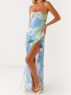 Floral Leaves Split Strapless Maxi Dress green / S