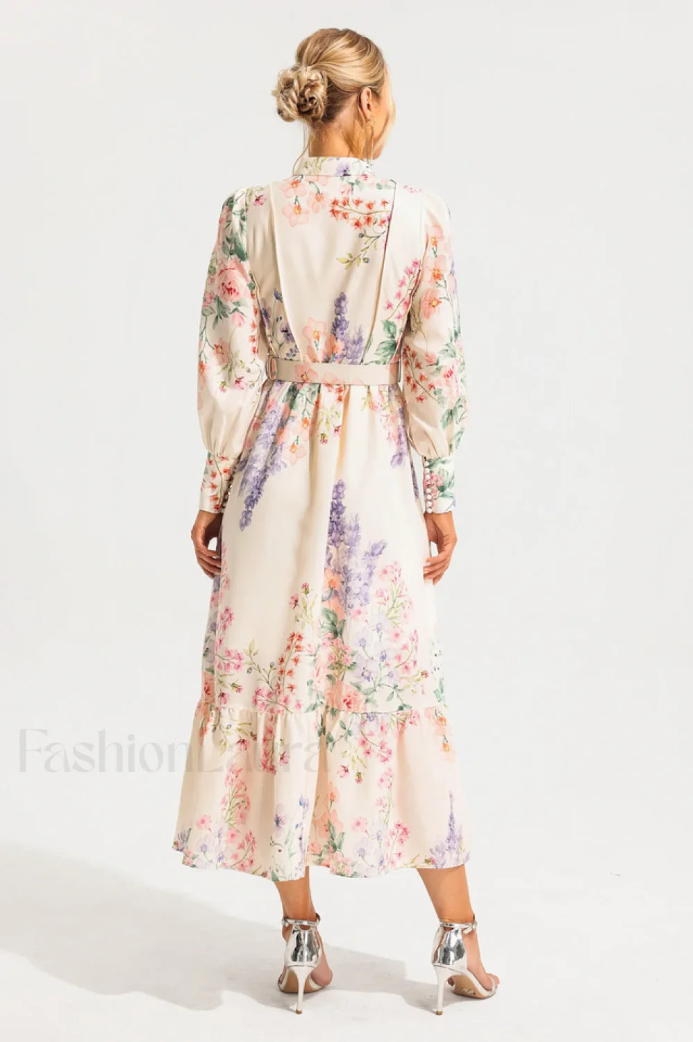 Floral Long Sleeve Charming Maxi Dress With Belt Secondary image