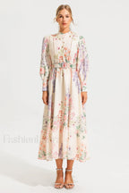 Floral Long Sleeve Charming Maxi Dress With Belt
