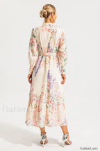 Floral Long Sleeve Charming Maxi Dress With Belt
