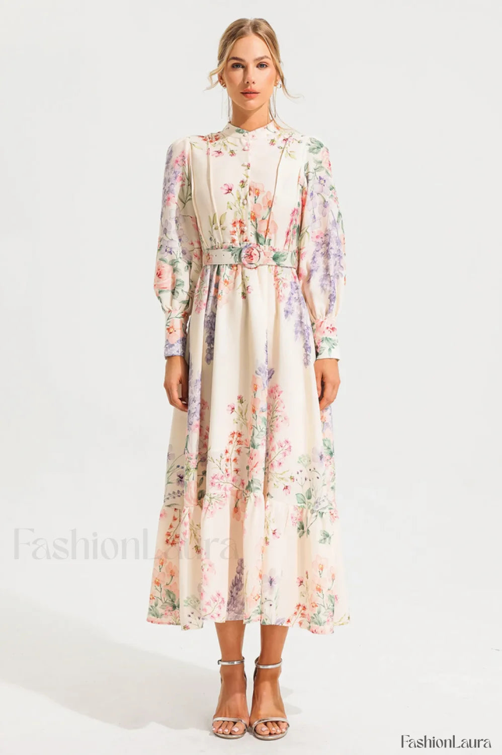 Floral Long Sleeve Charming Maxi Dress With Belt