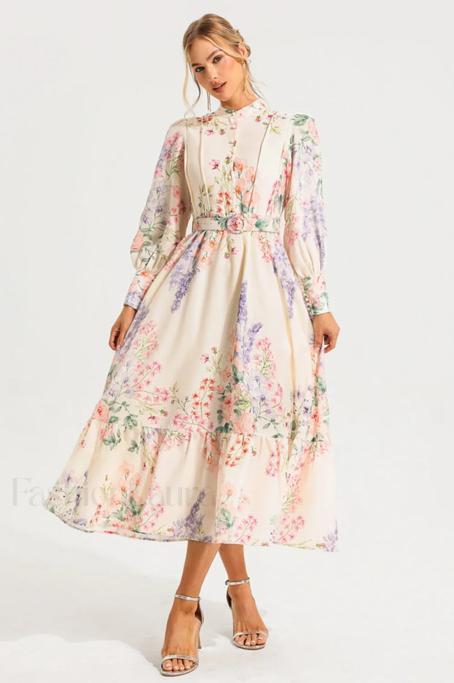 Floral Long Sleeve Charming Maxi Dress With Belt S / Floral Main image