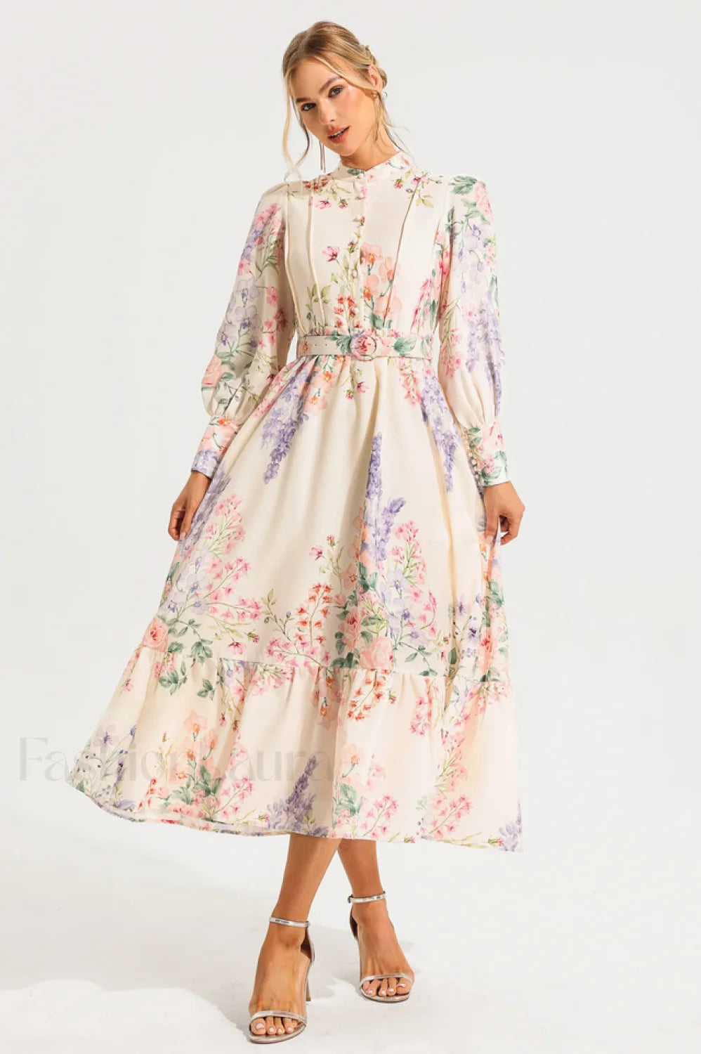 Floral Long Sleeve Charming Maxi Dress With Belt S / Floral Main image