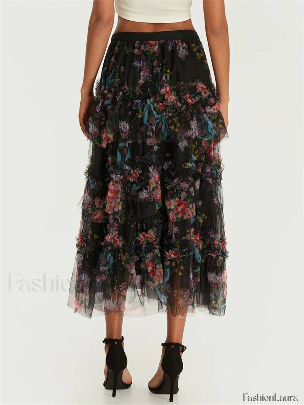 Floral Mesh Tiered Tulle Skirt
