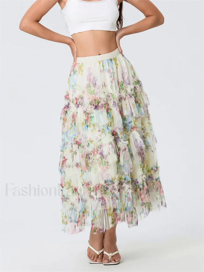 Floral Mesh Tiered Tulle Skirt Main image
