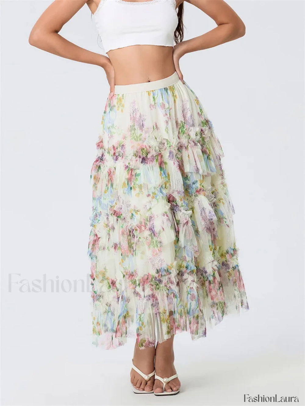 Floral Mesh Tiered Tulle Skirt