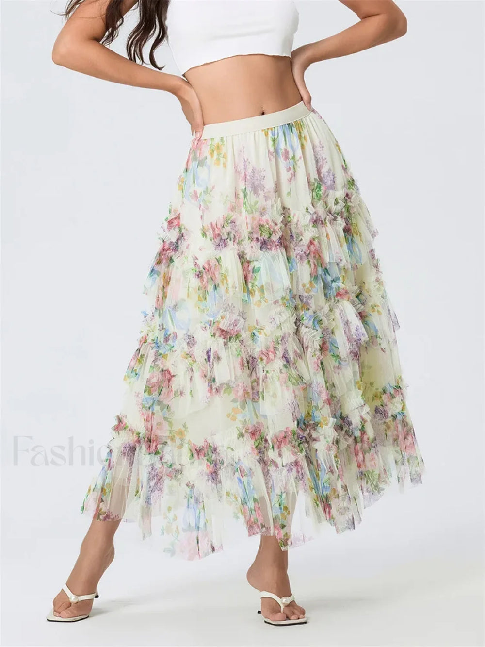 Floral Mesh Tiered Tulle Skirt WHITE / S