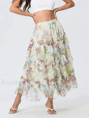 Floral Mesh Tiered Tulle Skirt WHITE / S