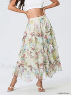 Floral Mesh Tiered Tulle Skirt WHITE / S