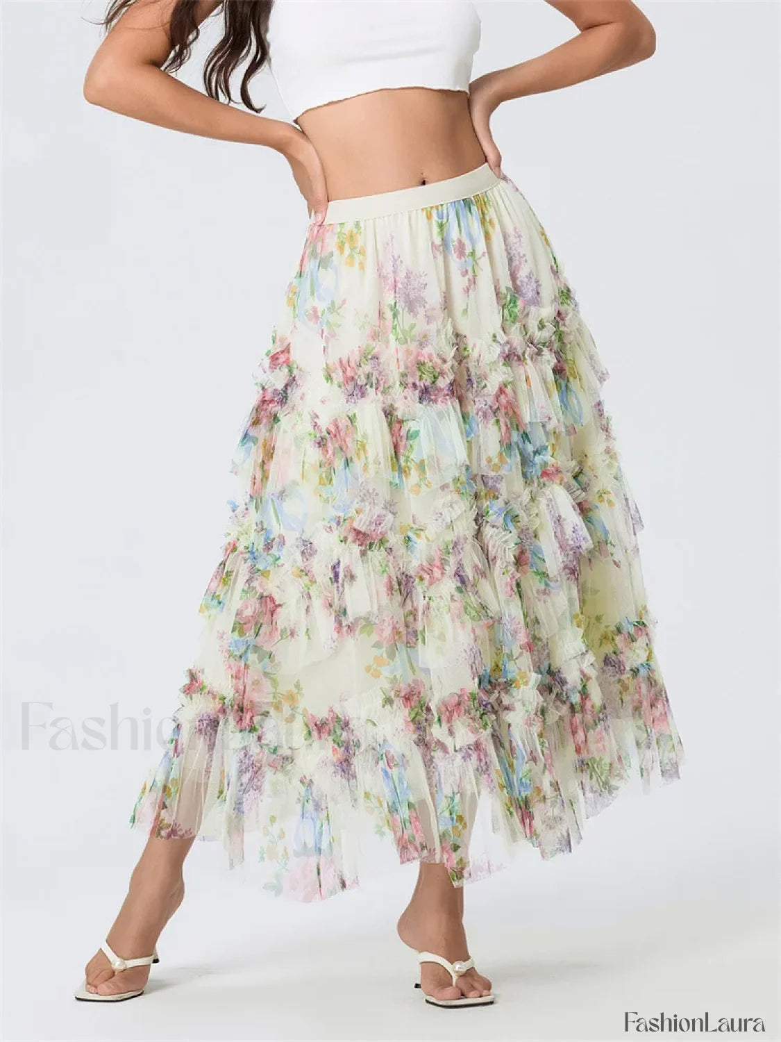 Floral Mesh Tiered Tulle Skirt WHITE / S