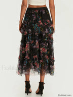 Floral Mesh Tutu Flowy Long Skirt