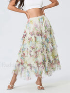 Floral Mesh Tutu Flowy Long Skirt WHITE / S