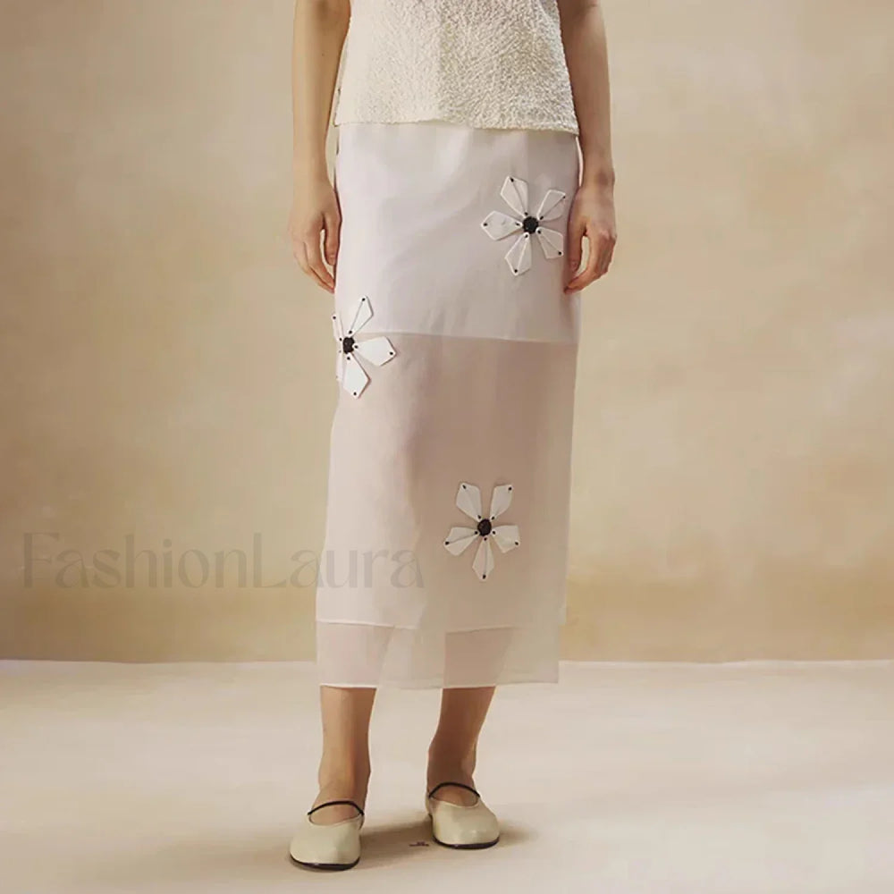 Floral Organza Back Slit Cotton Skirt White / S