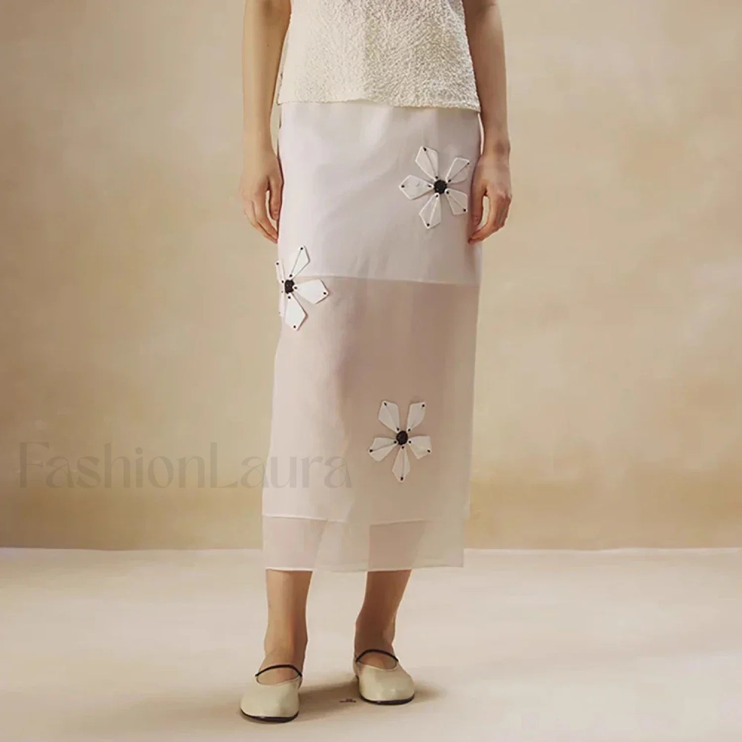 Floral Organza Back Slit Cotton Skirt White / S Main image