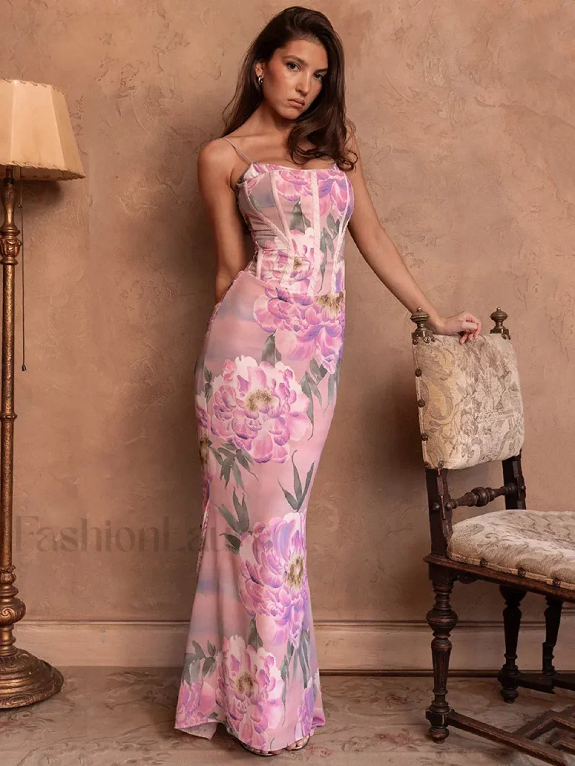 Floral Pink Spaghetti Strap Maxi Dress pink / XS Main image