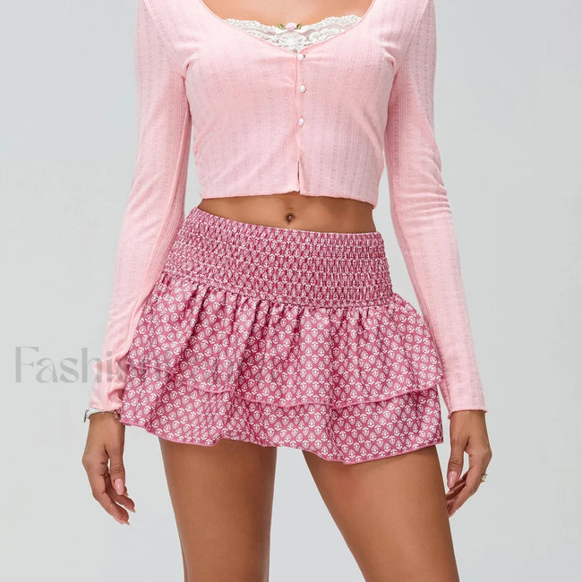 Floral Pleated Bohemian Mini Skirt PINK / S Main image