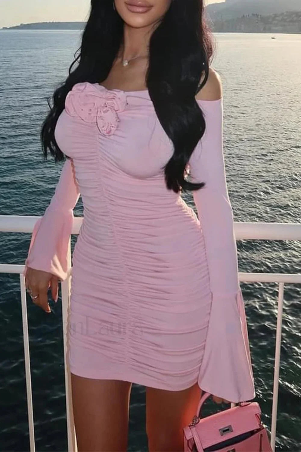 Floral Pleated Tube Top Flared Sleeve Mini Dress Pink / S Main image